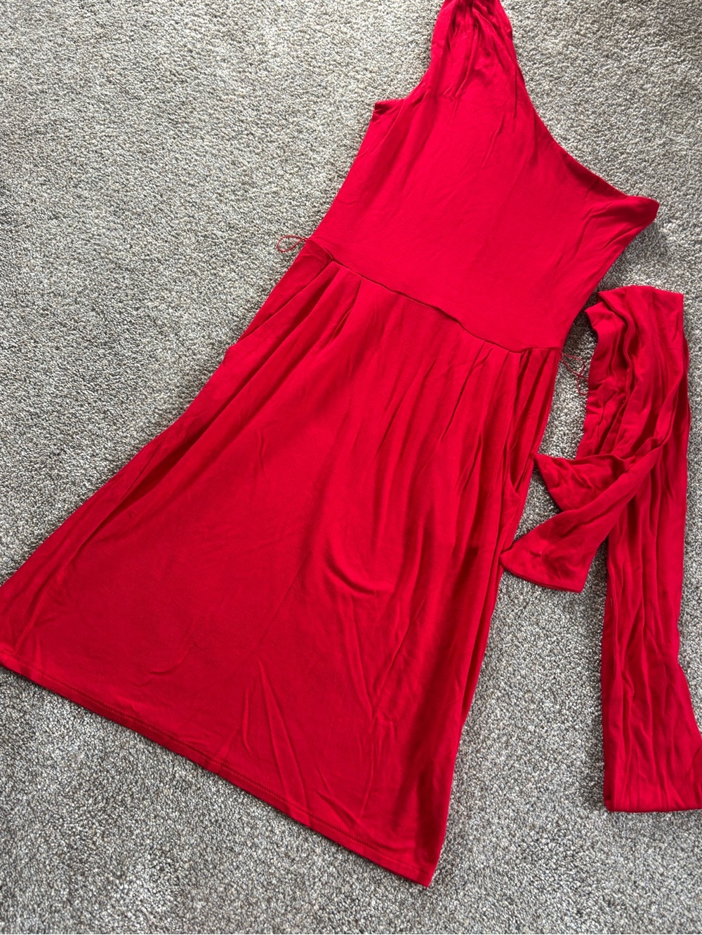 Envi One-Shoulder Red Midi Dress with Waist Seam and Sash